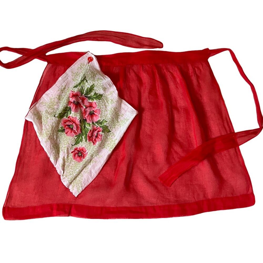 VINTAGE-SHEER-HANDMADE Red Kitchen Apron with Floral Handkerchief